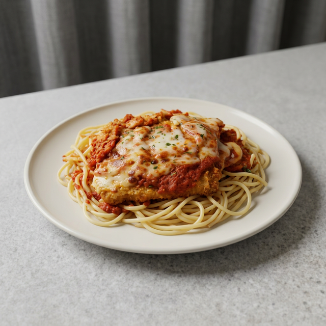 Chicken Parmigiana with Spaghetti.