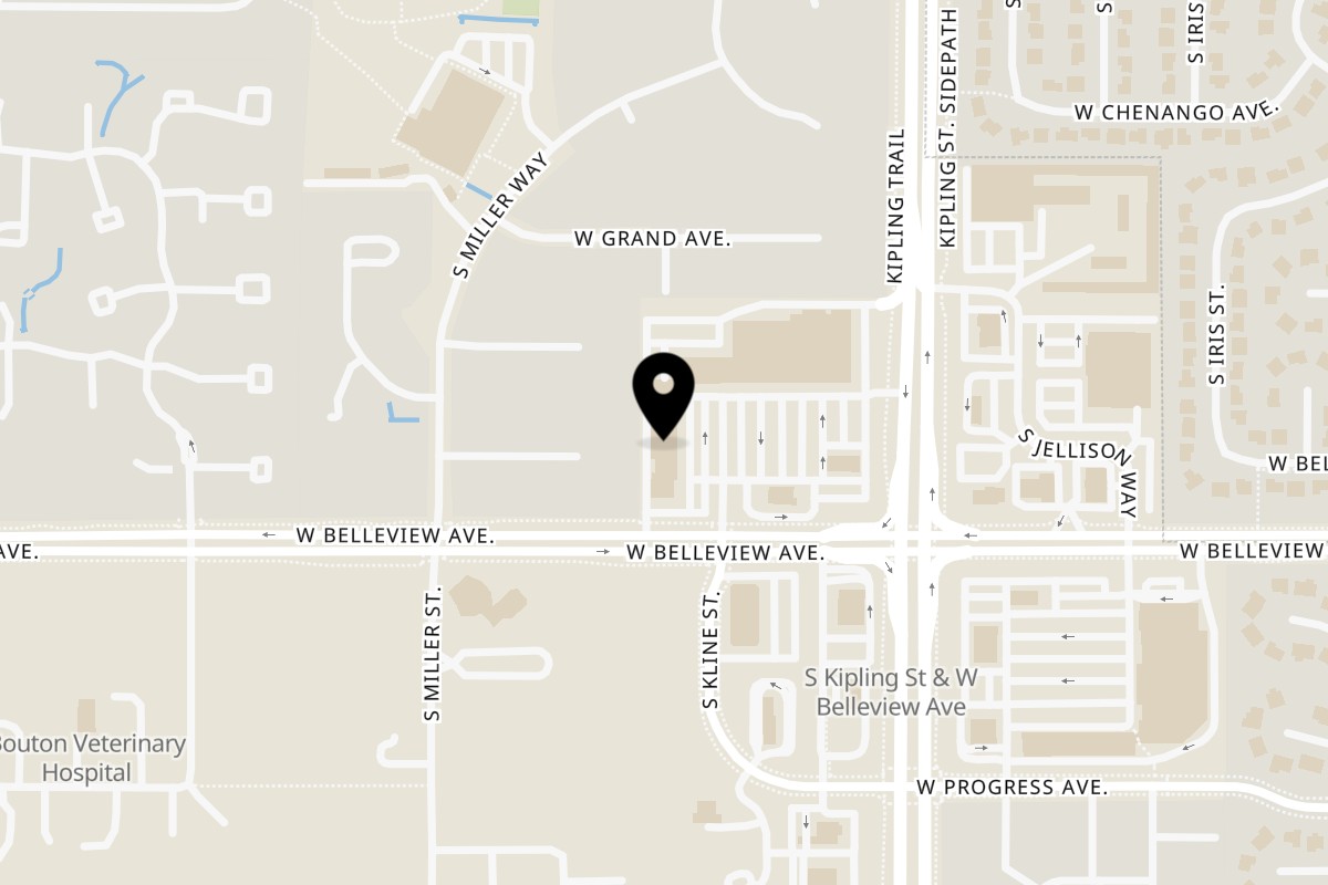 Map showing the location of Saucy's Pizza on 5055 S Kipling St in Littleton